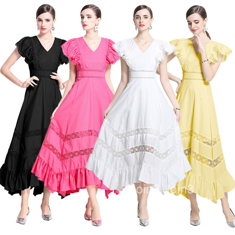 vacation style dress with fly sleeves and hollowed out lace patchwork dress
