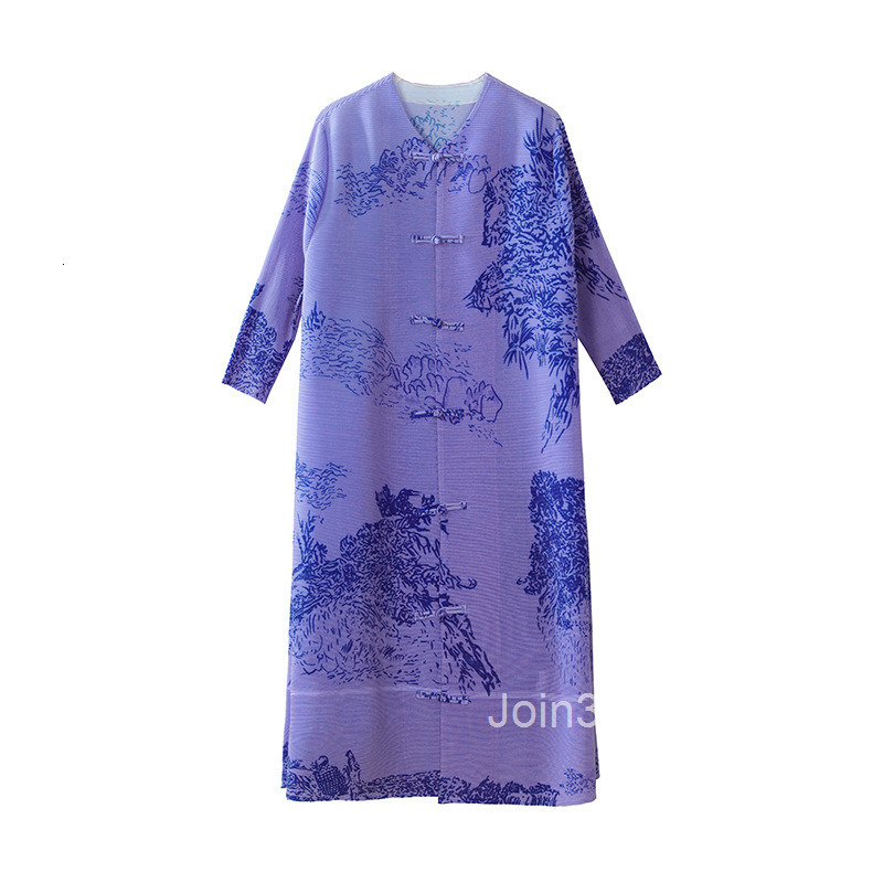 Miyake New Chinese Style Dress 2024 Spring and Autumn New Printed Plate Buckle Cardigan Folded Skirt Womens Wear