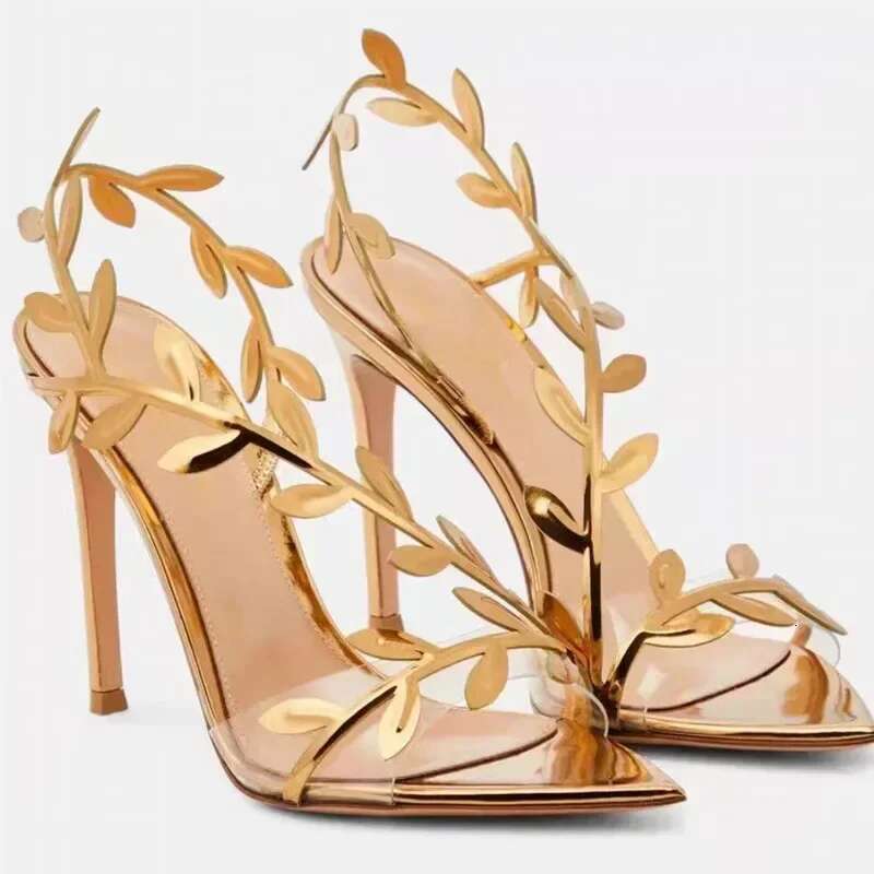 Gold Leaf Patent Leather Design High Heels Women Summer Sexy Pointed Toe Thin Heeled Sandals Elegant Banquet Dress Shoes