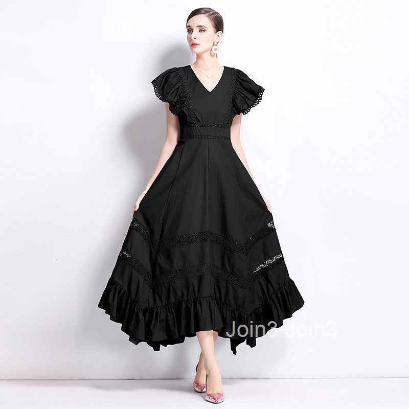 vacation style dress with fly sleeves and hollowed out lace patchwork dress