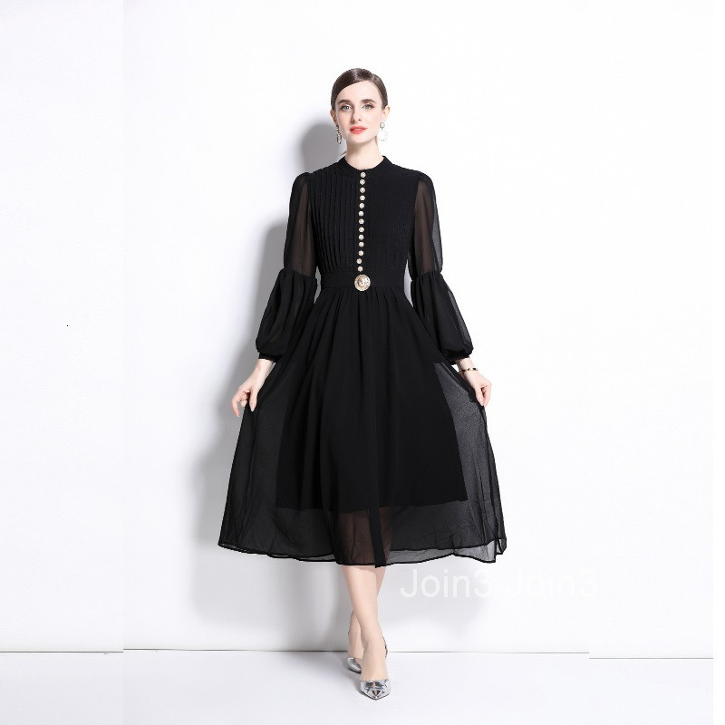 Heavy Industry Single Row Metal Buckle Hundred Fold Stitching Bubble Sleeves Waist up Big Swing Elegant Long Dress