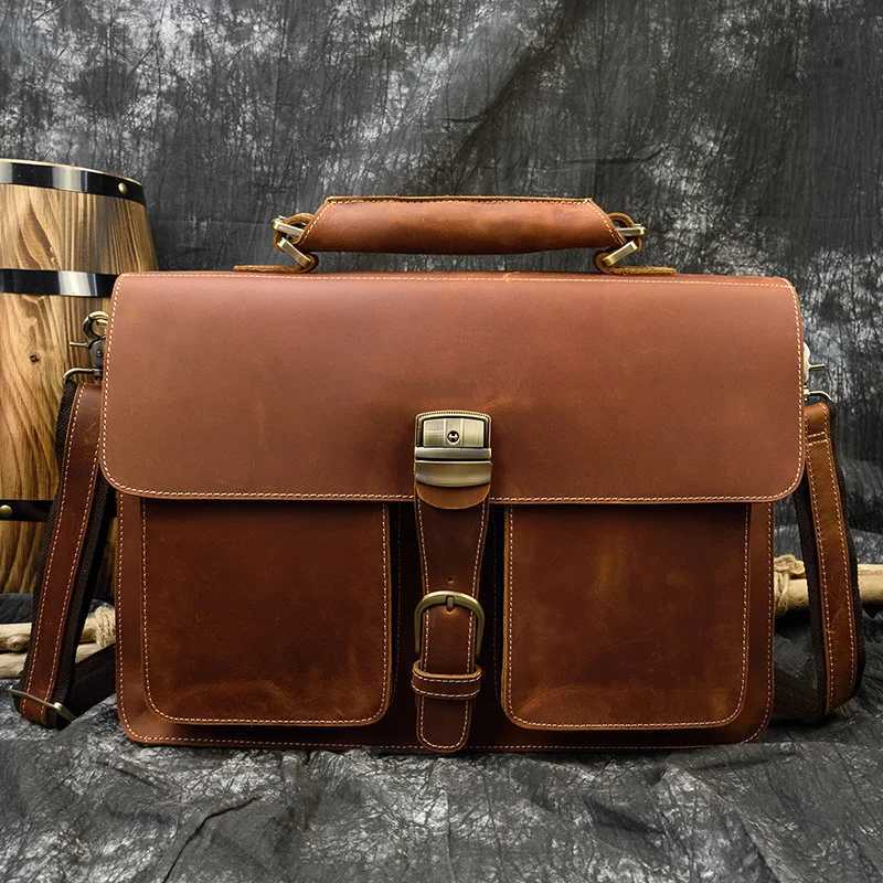 Luxury Fashion 100% Genuine Leather Men Briefcase Cow Leather Laptop Bag Vintage Shoulder Bag Real Cowhide Computer Bag 15.6 Z250220-1