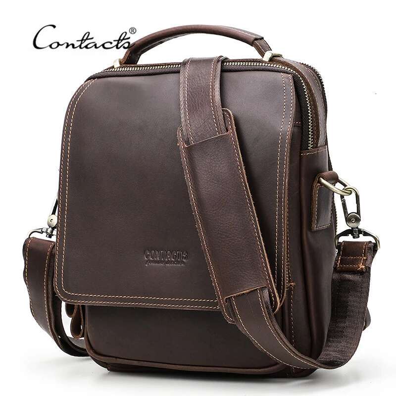 Contact's Crazy Horse Leather Men Messenge Bag Vintage Crossbody Shoulder Bags Multifunction Small Handbag For 10.5 Ipad Bolso