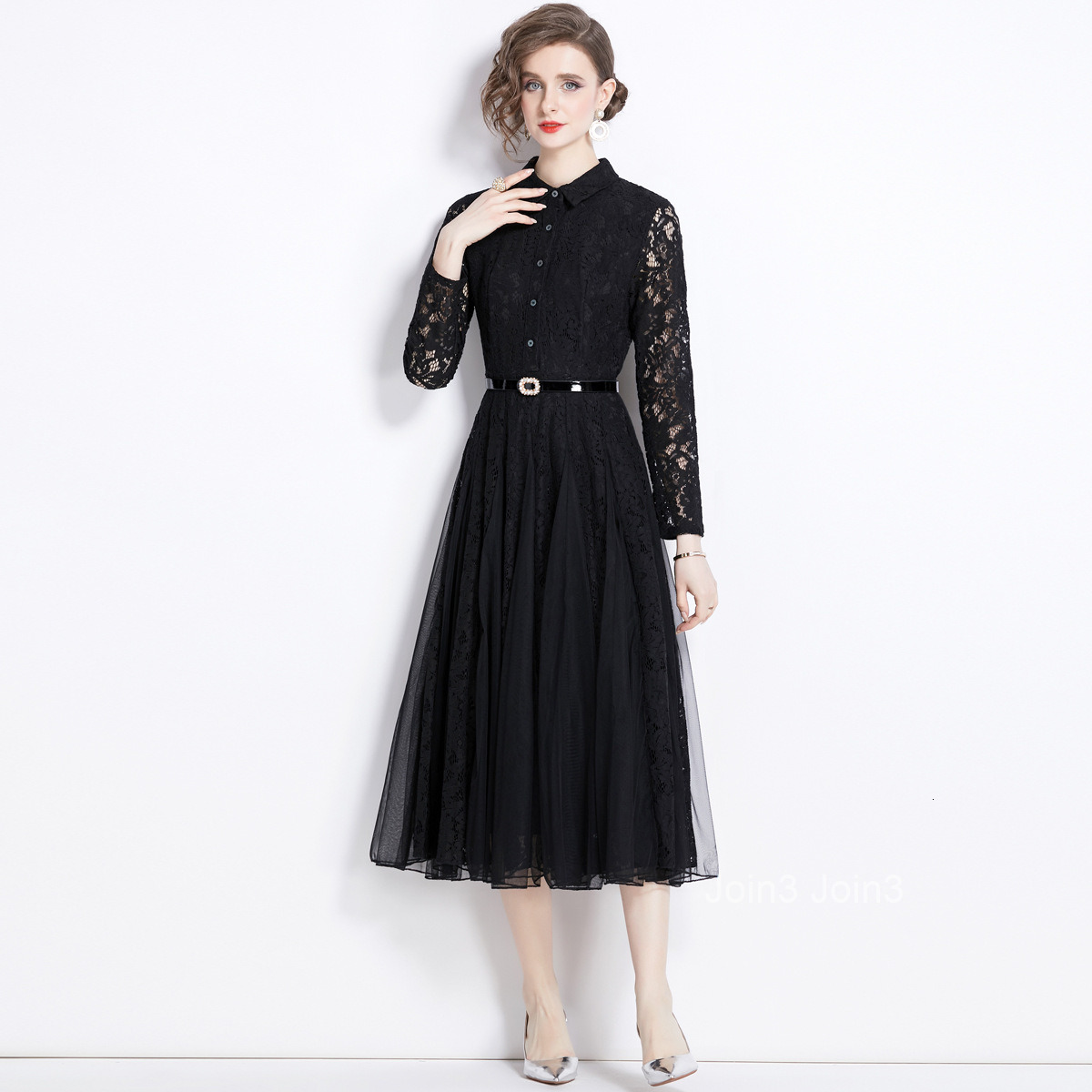 Spring and Autumn New Womens Clothing Elegant Long Skirt with Waist Collection Mesh Splicing Lace Large Swing Dress