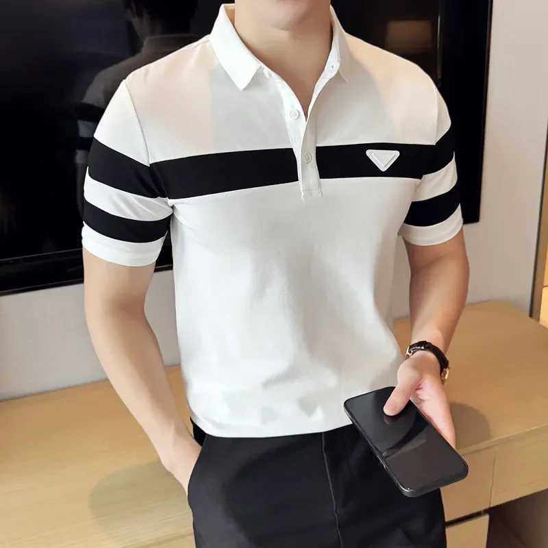 Men's Polos Mens Polo Shirt 2024 Summer New Light and Thin Breathable Striped Color Blocking Short Sleeved Casual Lapel T-shirt Mens Clothing z25