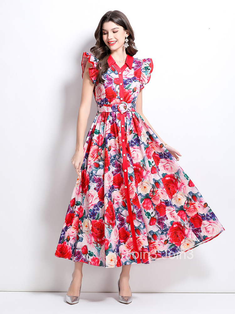 Spring/summer New Womens Clothing Style Flower Pattern Flying Sleeve Ruffle Edge Large Swing Long Dress