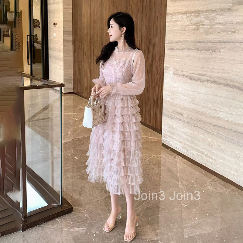 French gentle style fashionable embroidered slimming waist skirt womens design sense heavy long sleeved mesh cake skirt