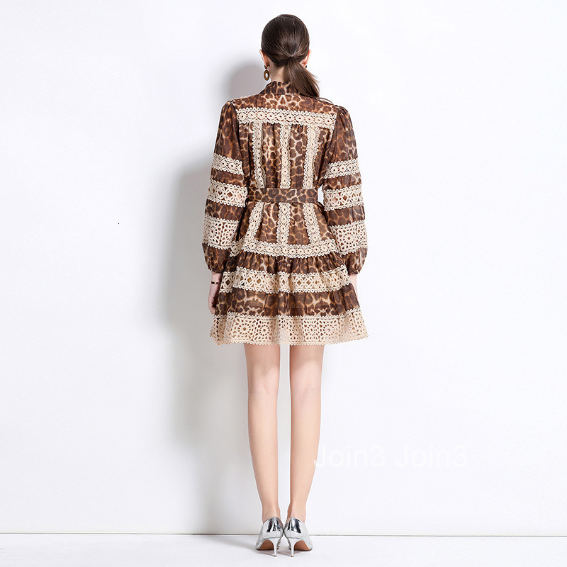 spring long sleeved new product with hollowed out lace patchwork leopard print dress