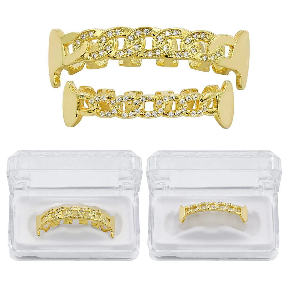 Hip Hop CZ Hollow out Teeth Caps Cubic Zircon Iced Out Micro Pave Top Bottom Charm For Men Women Jewelry Gift 250220