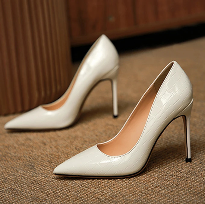 White Silver Shiny Stone Leather Pumps Stiletto High Heel Women Pointy Toe 12 10 cm Thin Heels Shallow Slip On Formal Shoes 250221