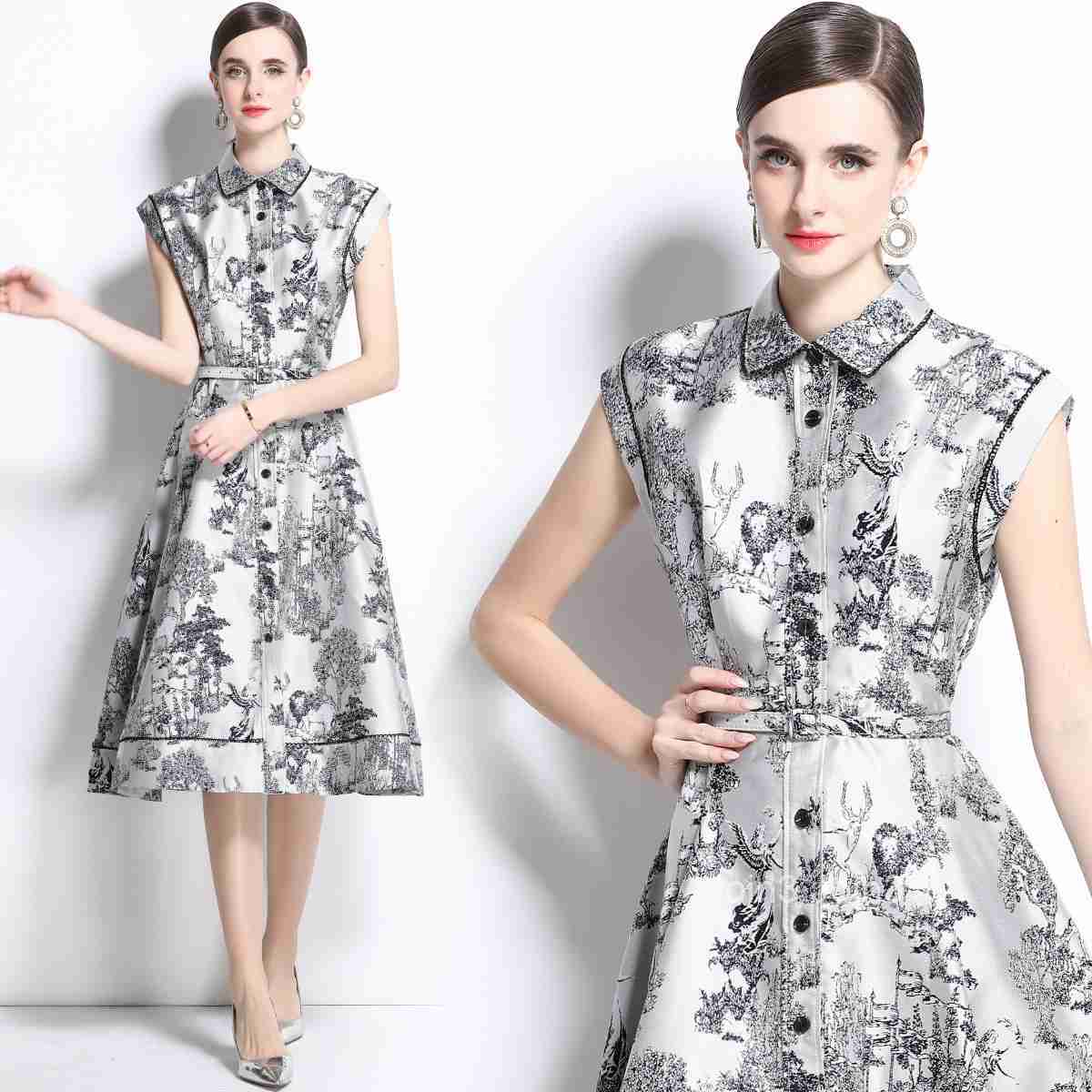 Spring/Summer New Womens Single breasted Sleeveless Animal Ink Painting Jacquard Medium length Dress