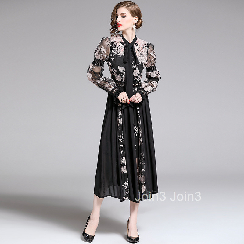 Autumn Temperament Embroidered Lace Up Feather Lantern Sleeves Backless Long Sleeved Grand Dress Long Skirt Dress