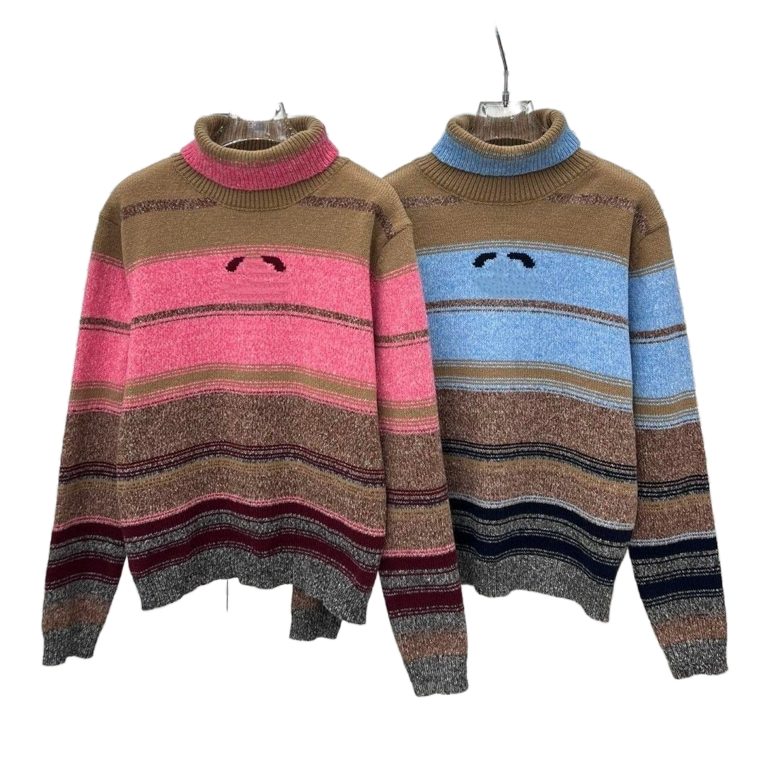 Designer women color block stripe pattern logo letter jacquard knitted turtleneck sweater tops jumper SML