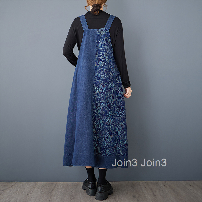 Spring and Autumn New Loose Dark Crafted Cowboy Splicing Skinny Strap Dress
