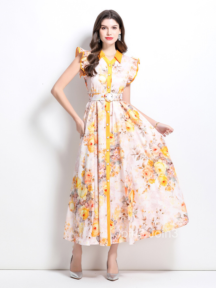 Spring/summer New Womens Clothing Style Flower Pattern Flying Sleeve Ruffle Edge Large Swing Long Dress