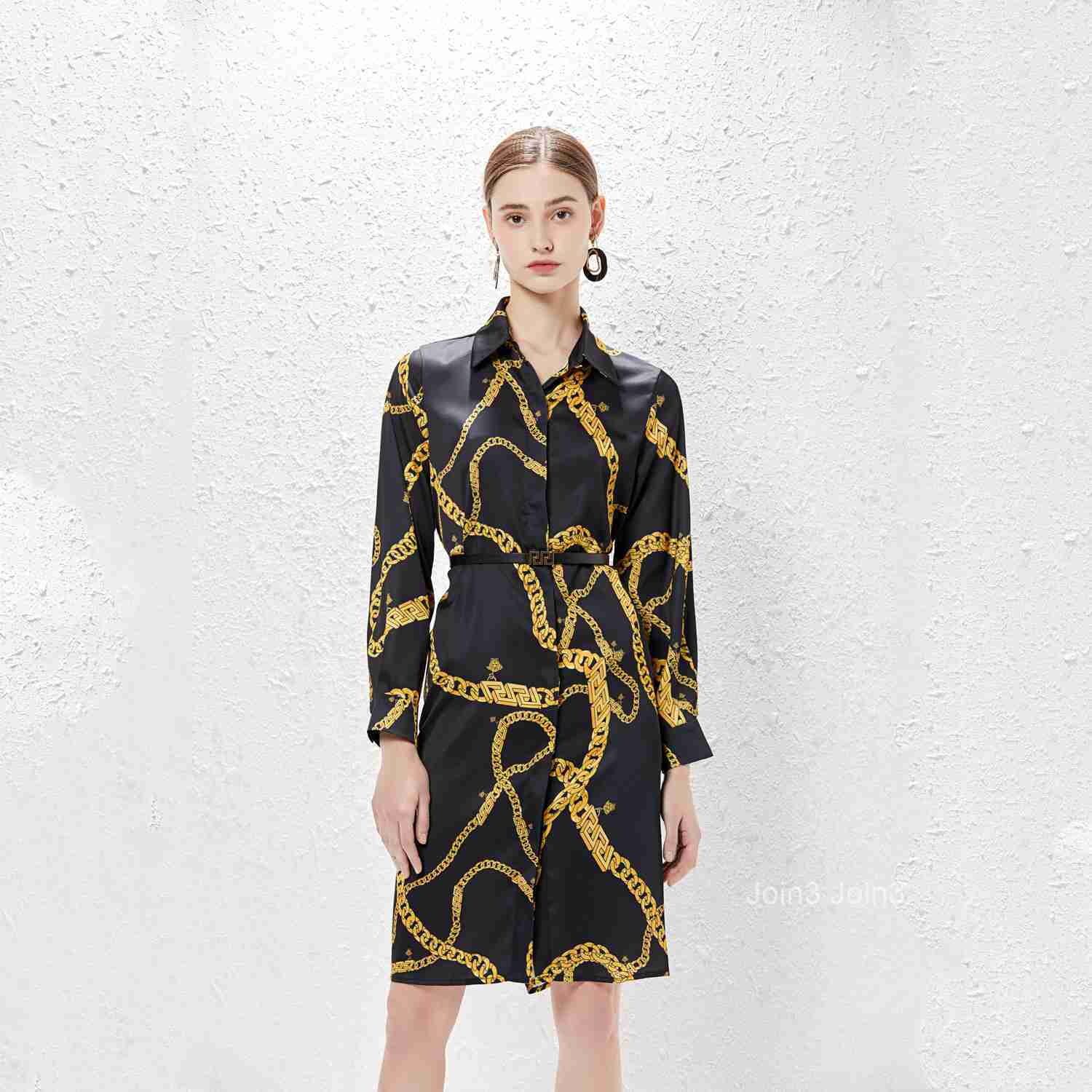 Spring/Summer New Womens Satin Chain Printed Single breasted Elegant Dress (with Belt)