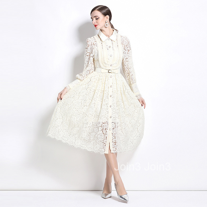 Spring and Autumn New Womens Clothing Style Hook Flower Hollow Lace Dress Solid Color Large Swing Long Dress