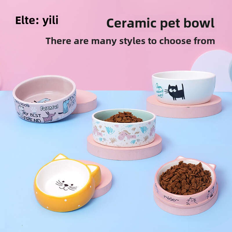 Adorable Cartoon Pattern Ceramic Pet Feeder Set Comfortable Flat Edge Design for Pets' Daily Meals