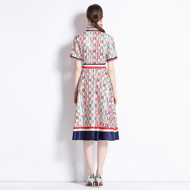Fashionable and Versatile Waist with Positioning Printed Short Sleeve Cardigan Dress and Belt