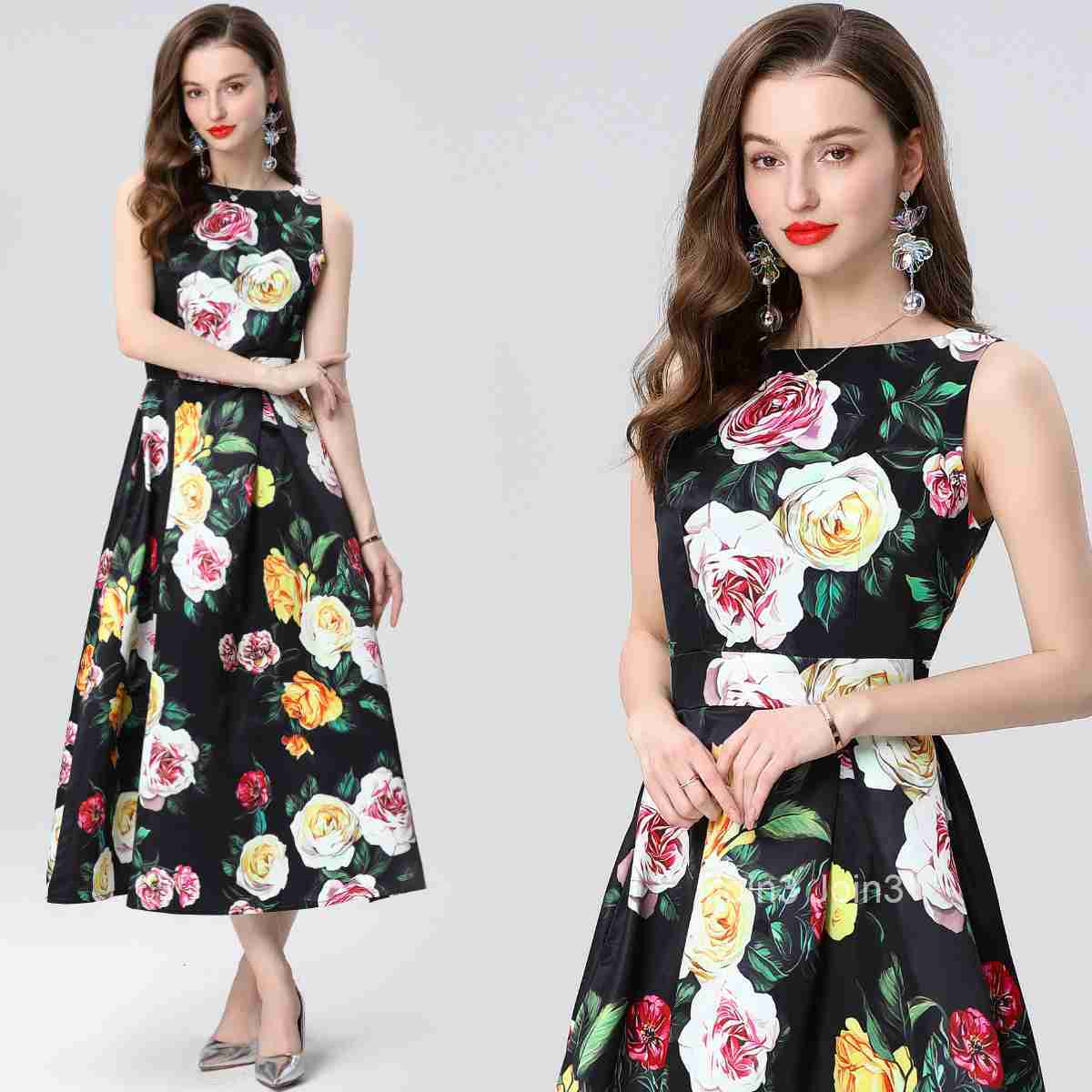 Summer New Womens Clothing Style Fashionable Printed Sleeveless High Waist Dress Long Skirt A-line Skirt