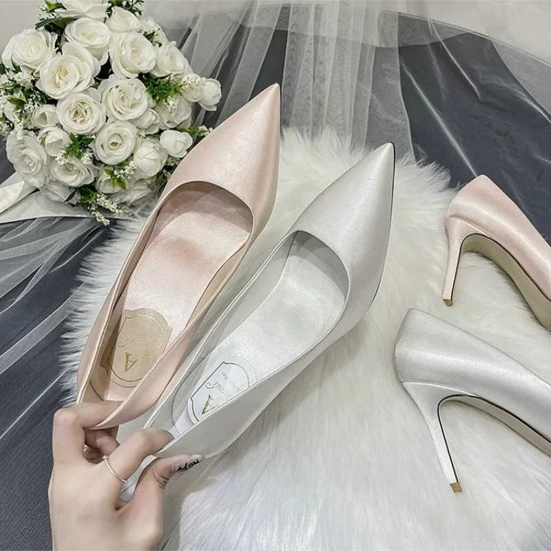 2024 Wedding Shoes White High H Wens Stiletto Satin Dress Single Shoes Champagne Bridesmaid Pumps Y250221