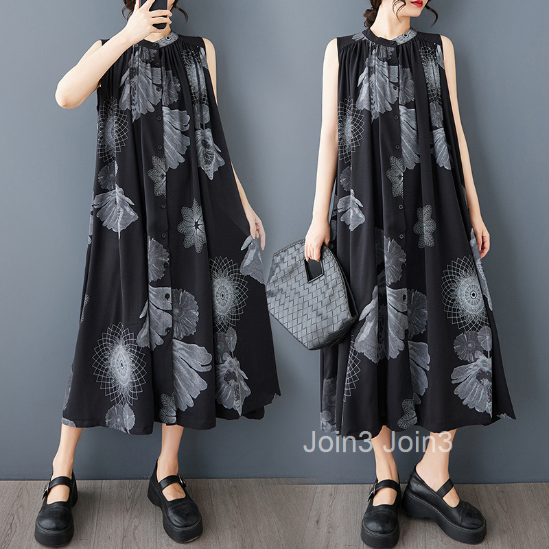 Spring/Summer New Fashion Korean Edition Sleeveless Stand Collar Printed Medium to Long Size Large Dress