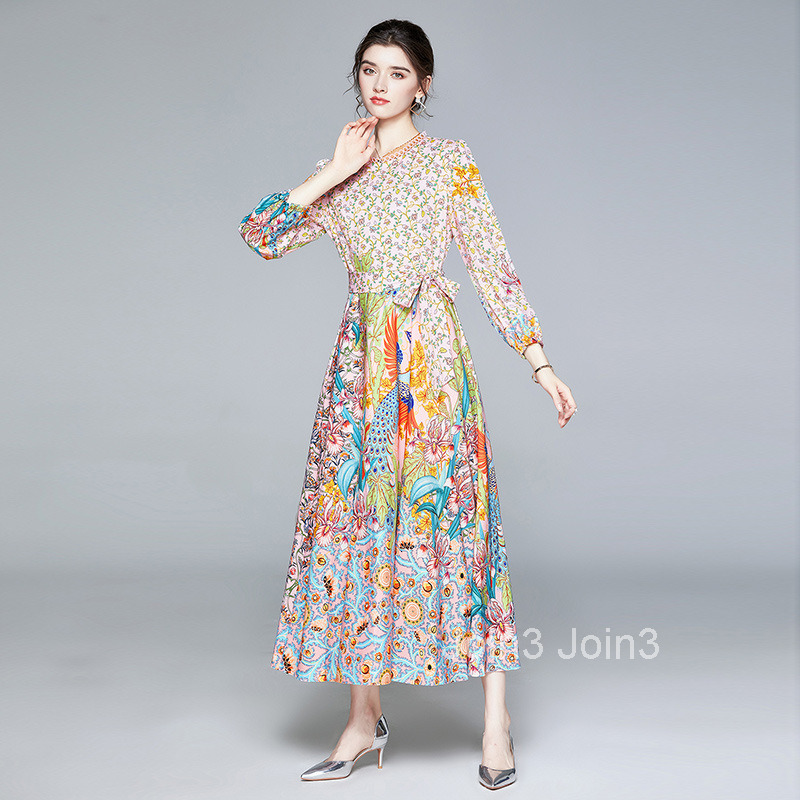 Small Clear Skirt Printed Long Sleeve Lace with Waist to Look Thin Dress Big Swing