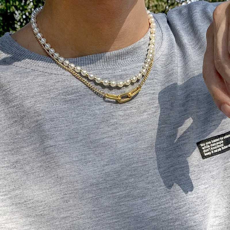 Punk Hip Hop Necklace Retro Creative Geometric Design Pearl Chain Necklace for Women Men Personality Choker Jewelry GiftsXJ250222