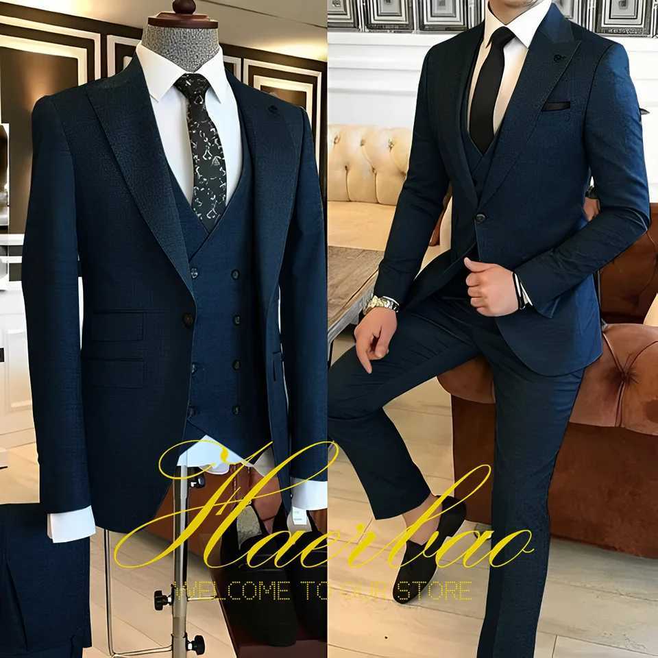 Navy Blue Mens Suit Business Workwear Formal Party Tuxedo Groom Wedding (Jacket Vest Pants) 3-piece Set 2023 CustomizedXJ250222