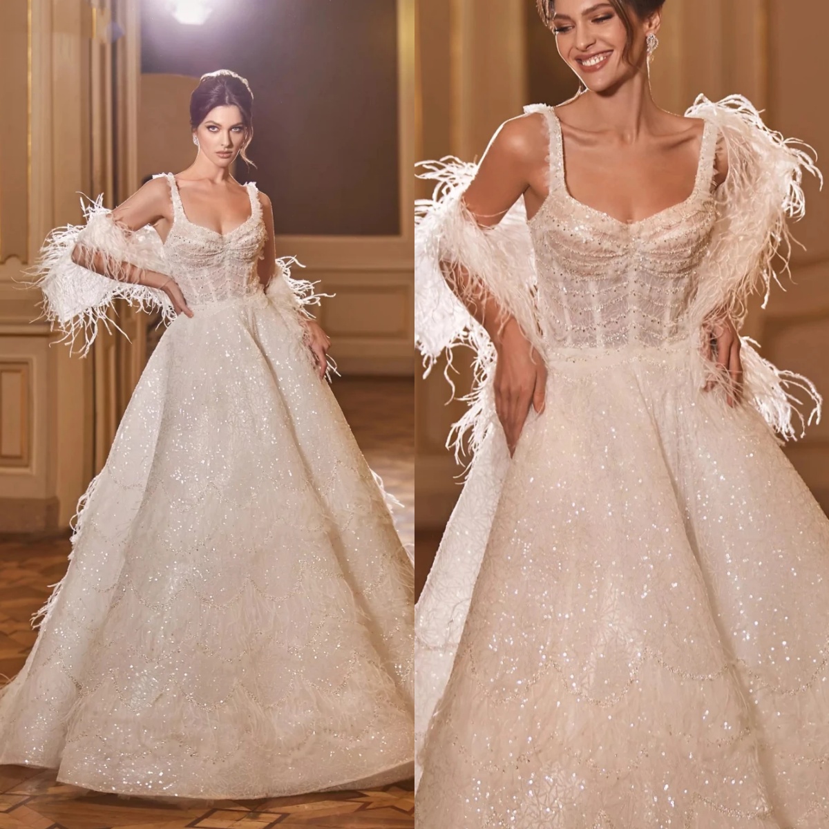 A e Women Wedding Spaghetti Straps Sleeveless Bridal Gowns Sequins Feather Sweep Train Dress Custom Made vestidos de novia