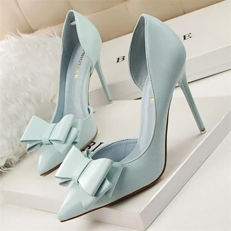 Spring Party Elegant Pink Butterfly-Knot High Heels Women Fashion Wedding Dress Pumps Side Hollowed Stiletto Shoes 250221