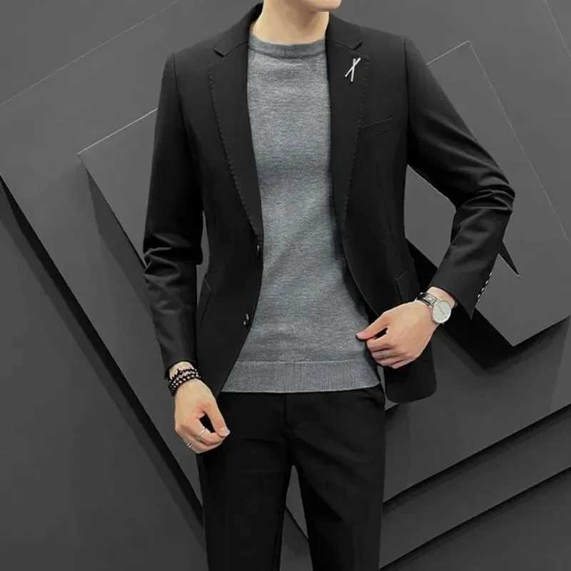 Full Suit for Men Grey High Quality 2024 2 Piece Outfit Set Man Double Breasted Pants Trends Blazer Costumes Clothing KoreanXJ250222