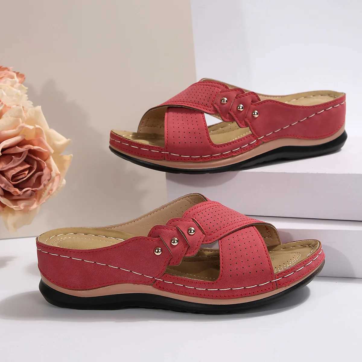 Vintage Mid Heel Strappy Back Open Toe Slide Sandals - Soft Faux Leather Upper Comfy PU Sole Comfortable Shoes for WomenXJ250221