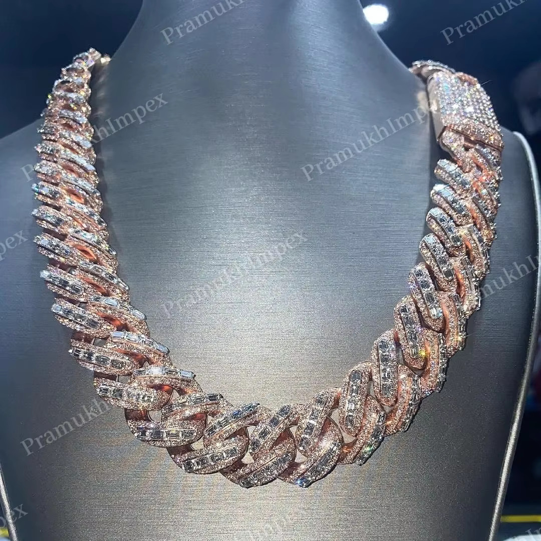 Sterg Sier Iced Out Baguette Cut Custom Solid Rose Gold Plated VVS Moissanite Hip Hop k Miami Cuban Chain for Rapper