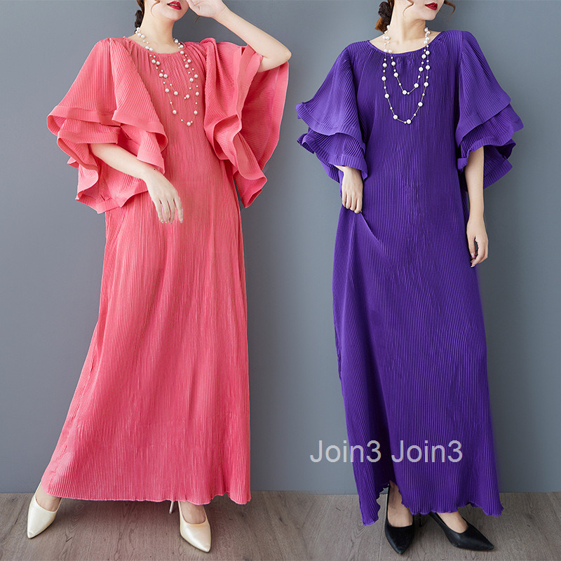 Spring and Autumn New Hundred Fold Long Dress Fashion Round Neck Lotus Leaf Sleeves Loose and Slim Ladies Long Dress