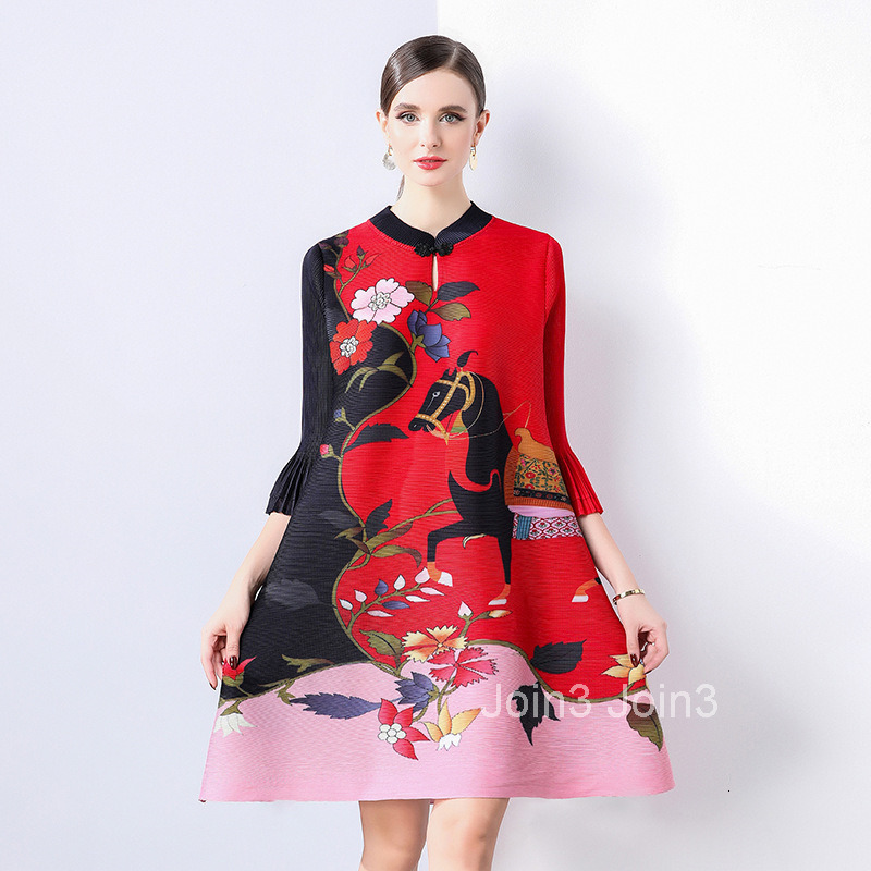 Miyake New Chinese style Mothers Dress for Women Autumn Style Reduced Age Printed Large Chinese Style Improved Cheongsam Skirt