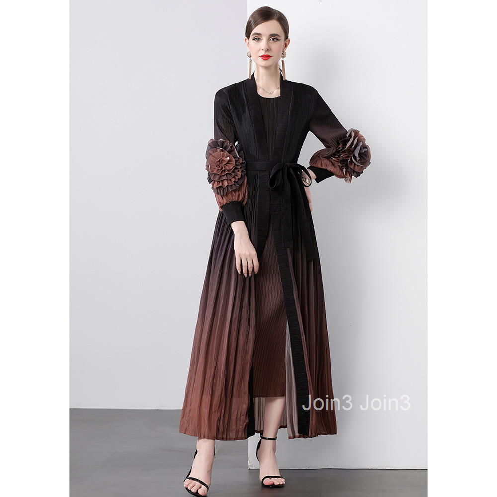 Autumn New Womens Clothing Pleated Gradient Plate Flower Lace Up Jacket+sleeveless Straight Tube Long Skirt Set