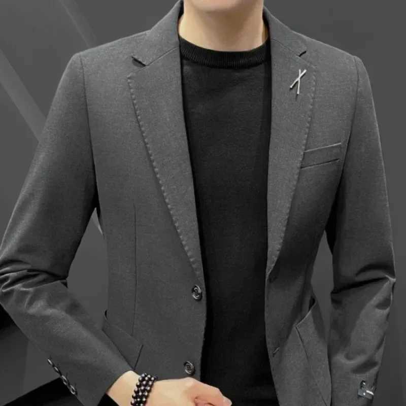 Full Suit for Men Grey High Quality 2024 2 Piece Outfit Set Man Double Breasted Pants Trends Blazer Costumes Clothing KoreanXJ250222