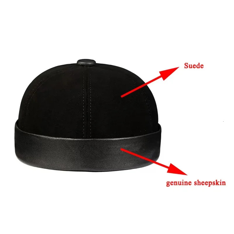 In Men Suede Hats Winter Warm Soft Genuine Leather Retro Round Skull Caps Casual Landlord Bonnet Bone Brimless Docker Beanie 250221