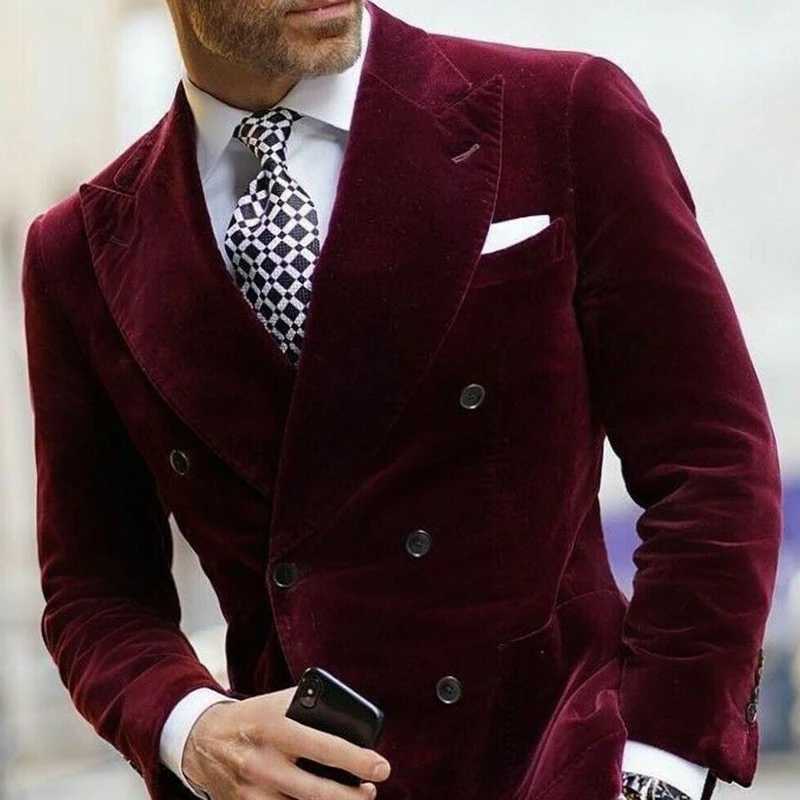 Burgundy Double Breasted Velvet Men Blazer Elegant Single Coat Smoking Male Suit Dinner Jacket with Big Peaked Lapel CostumeXJ250222