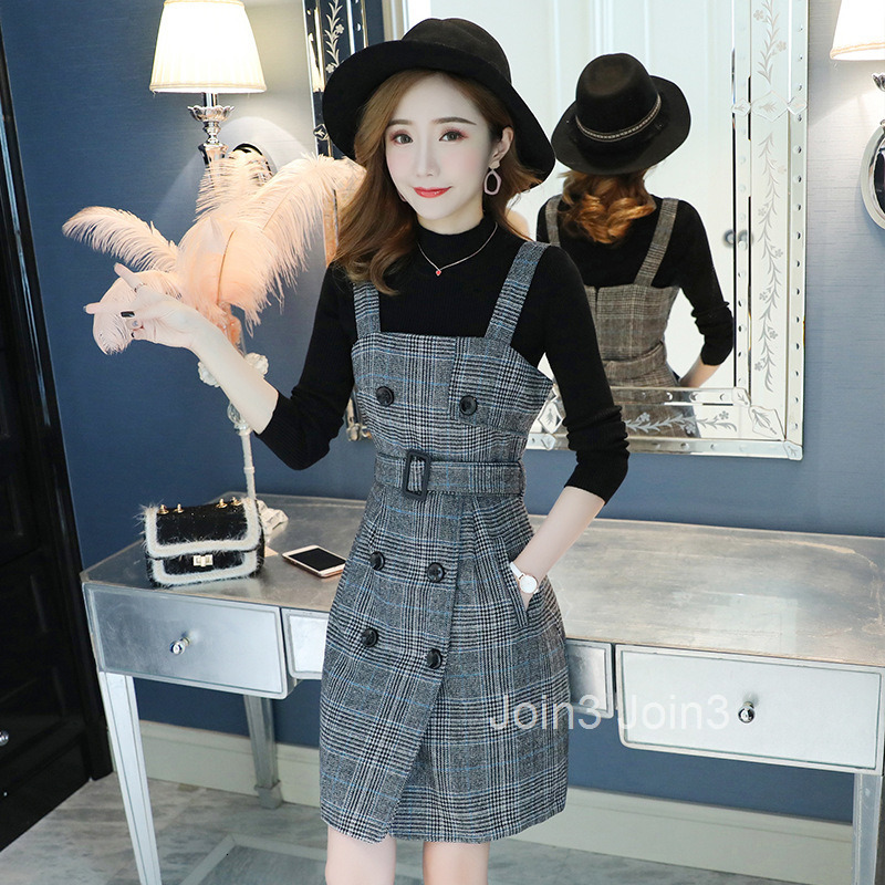 Autumn High Collar Sweater+Woolen Strap Dress Two Piece Set Korean Version Slimming and Slimming Plaid Medium to Long