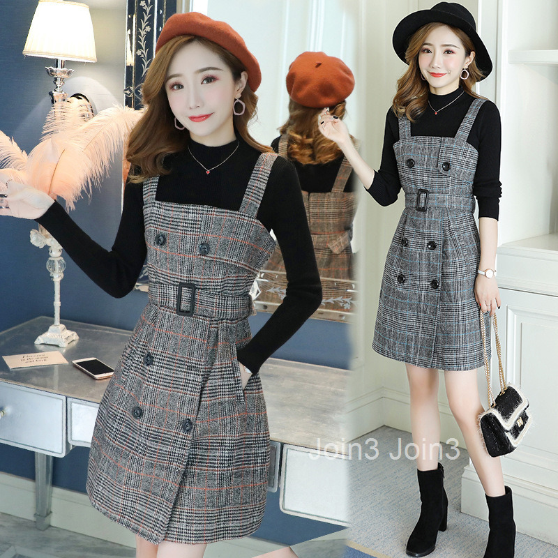 Autumn High Collar Sweater+Woolen Strap Dress Two Piece Set Korean Version Slimming and Slimming Plaid Medium to Long
