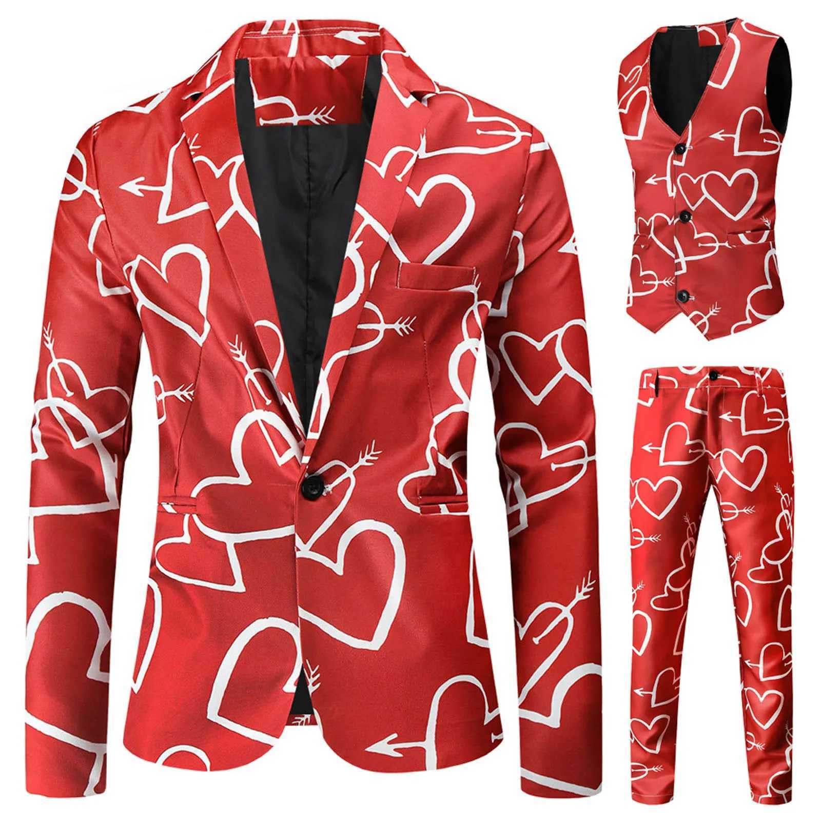 Valentines Gift Mens Fashion Suit Three-Piece Sets Party Coat 3d Heart Printed Coat Vest Pants Suit Slim Fit Blazer Jacket MenXJ250222