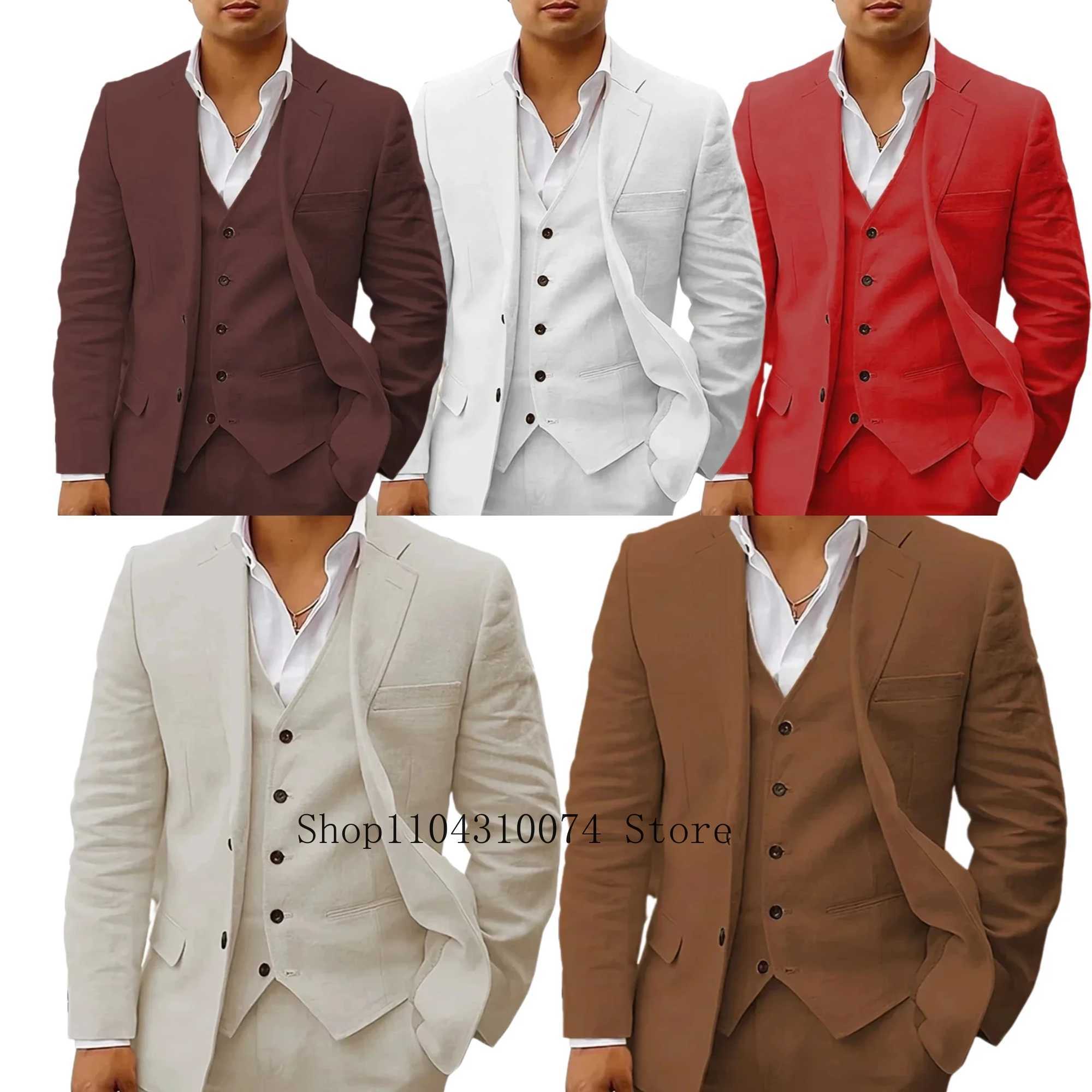 Solid color formal business set with retro notch lapel and single chest summer beach party linen setXJ250222