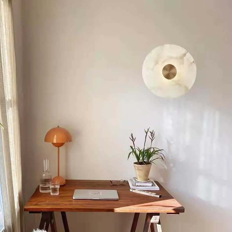 Art Deco Round LED Wall Sconce Natural Marble Brass Parlor Aisle Corridor Wall Lights Atmosphere Decoration Lamp Drop Shipping Z250220