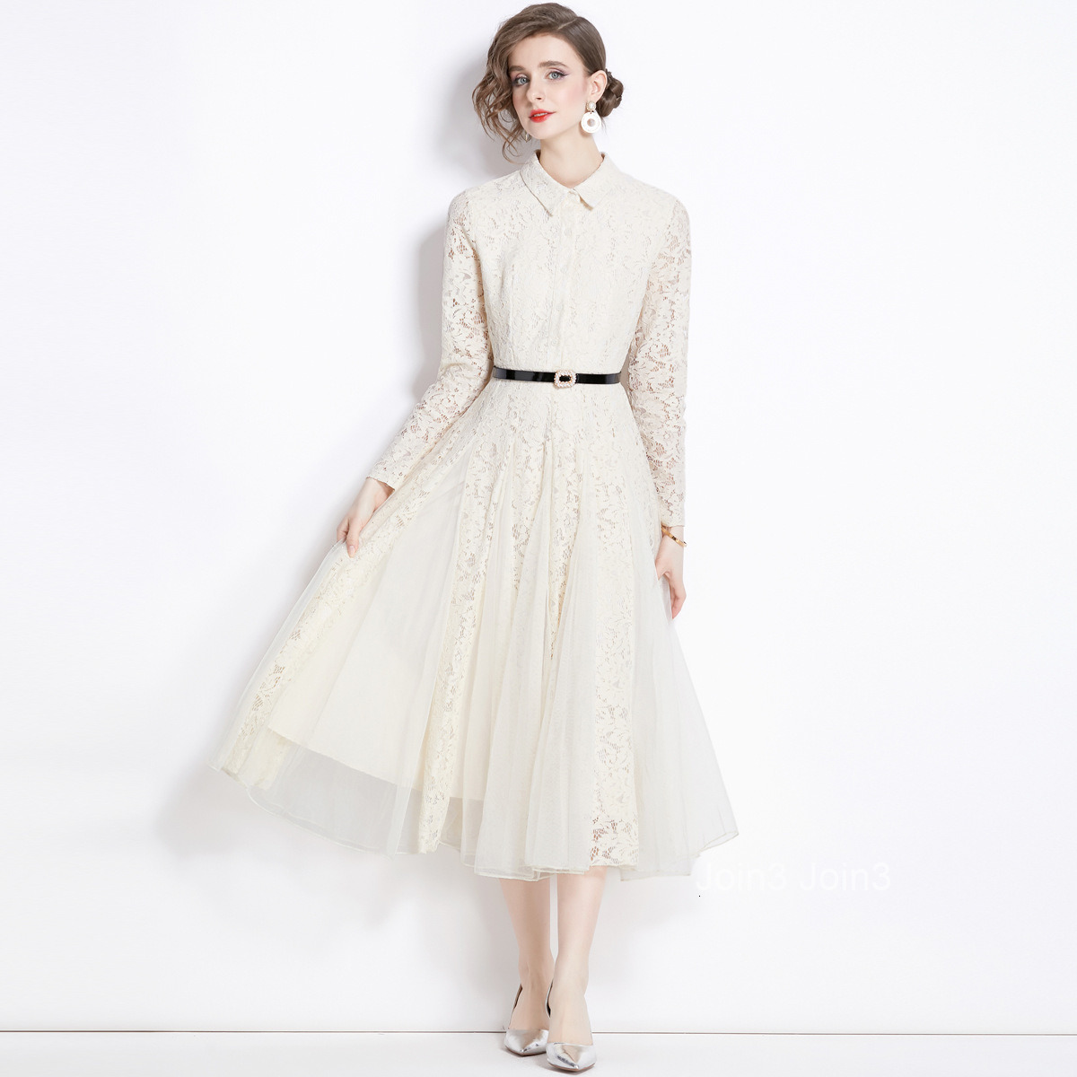 Spring and Autumn New Womens Clothing Elegant Long Skirt with Waist Collection Mesh Splicing Lace Large Swing Dress
