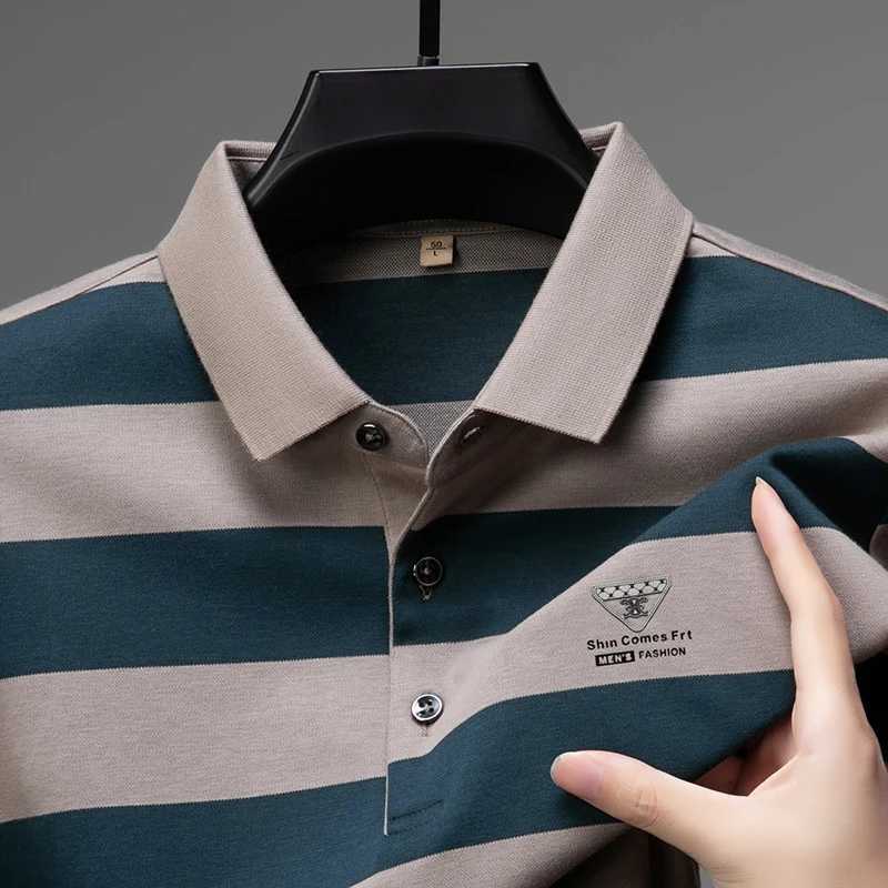 Men's Polos High end brand long sleeved mens polo shirt autumn fashion striped custom badge high-end design soft cotton casual T-shirt z250222