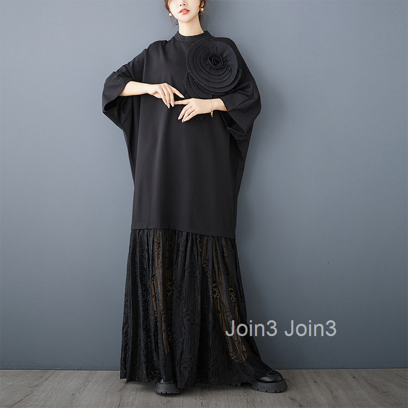 Spring and Autumn New Loose Dark Design Three Dimensional Flower Lace Splicing Temperament Slimming Dress