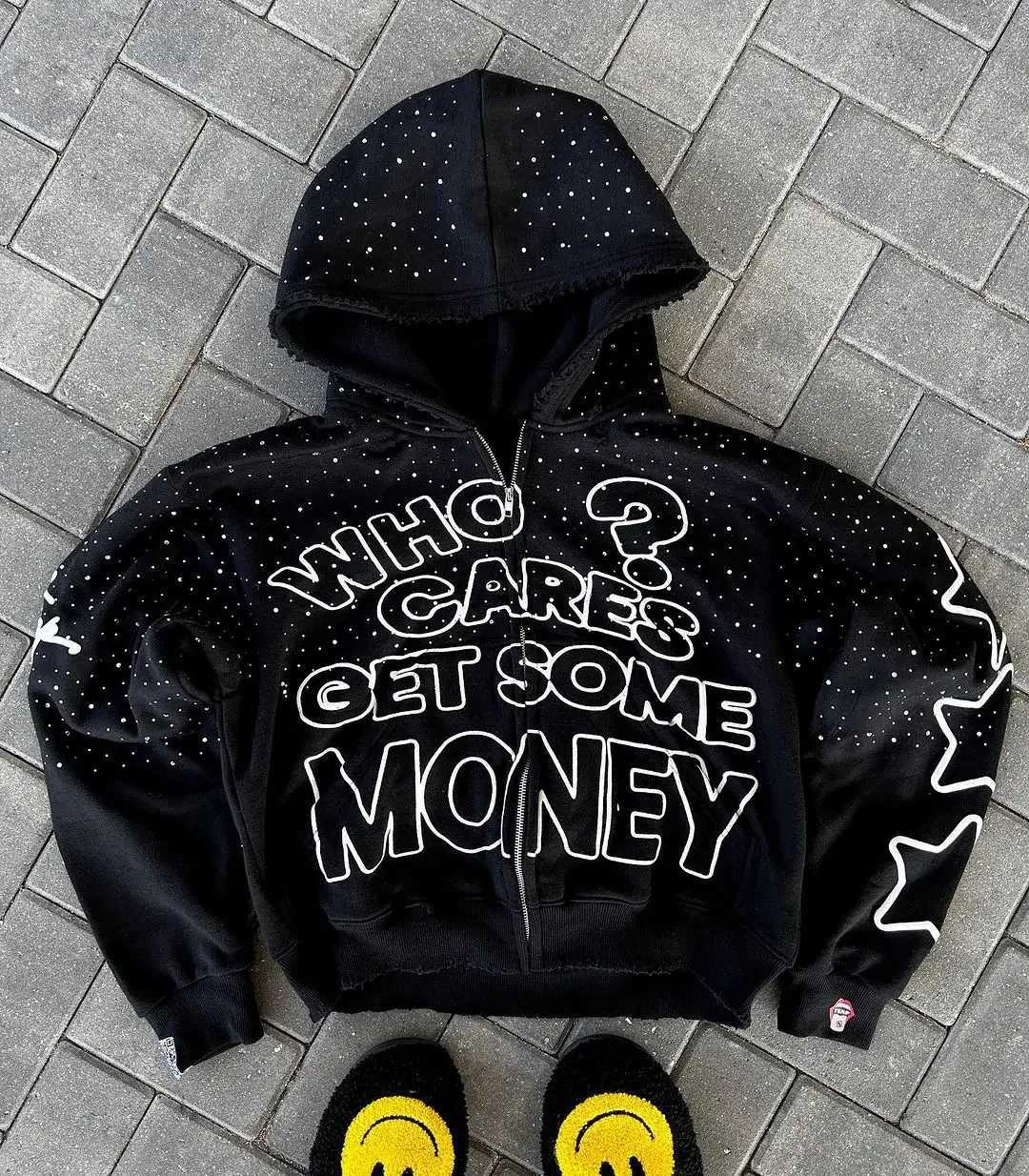 2024 American New Trend Who Cares Get Some Money Printed Zipper Sweater Mens and Womens Y2K Harajuku Hip Hop Goth Casual Coat W250222