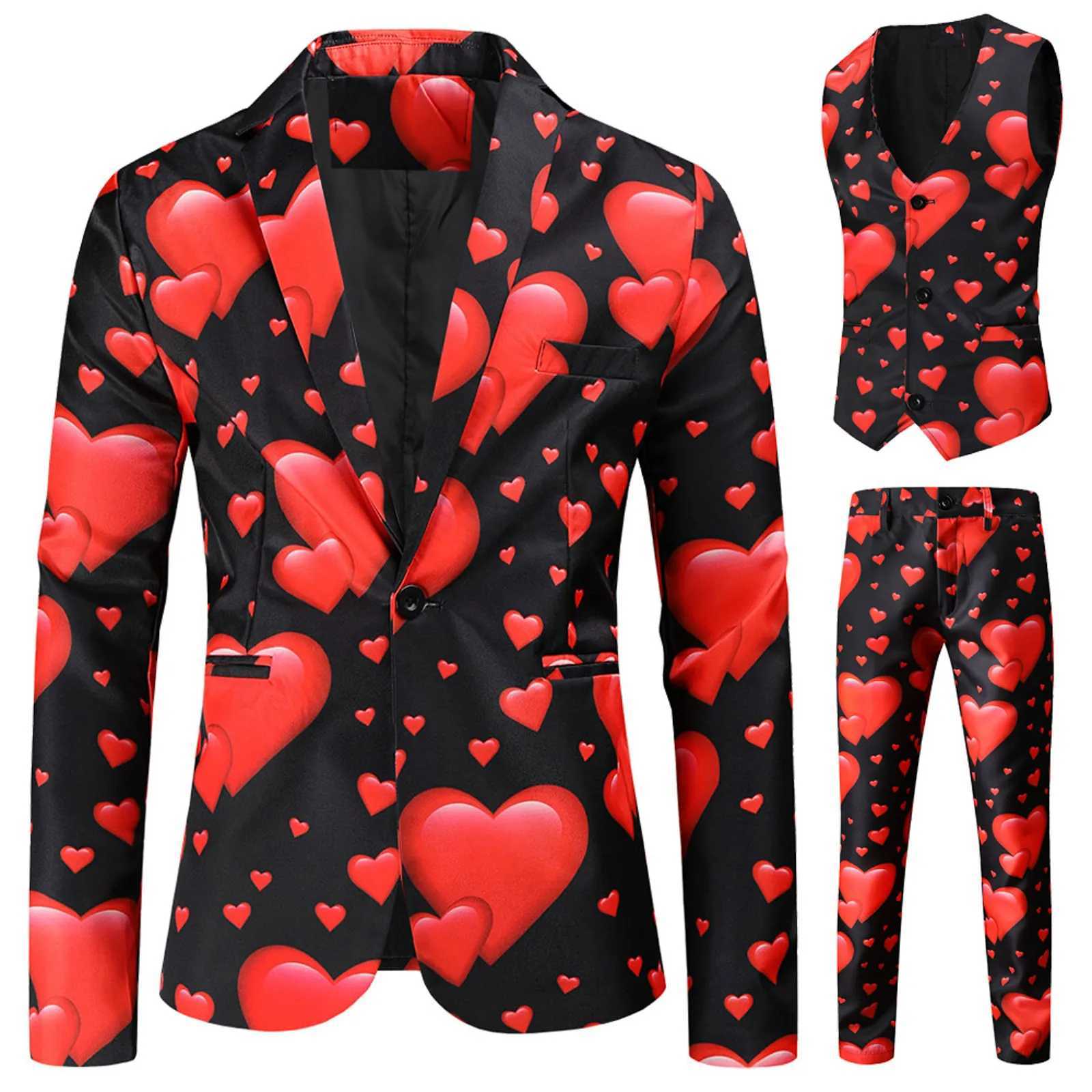 Valentines Gift Mens Fashion Suit Three-Piece Sets Party Coat 3d Heart Printed Coat Vest Pants Suit Slim Fit Blazer Jacket MenXJ250222